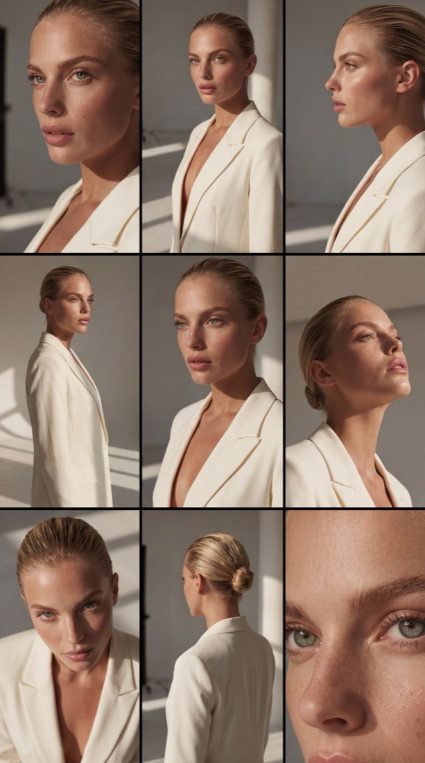 Modelo con blazer blanco y luz de ventana