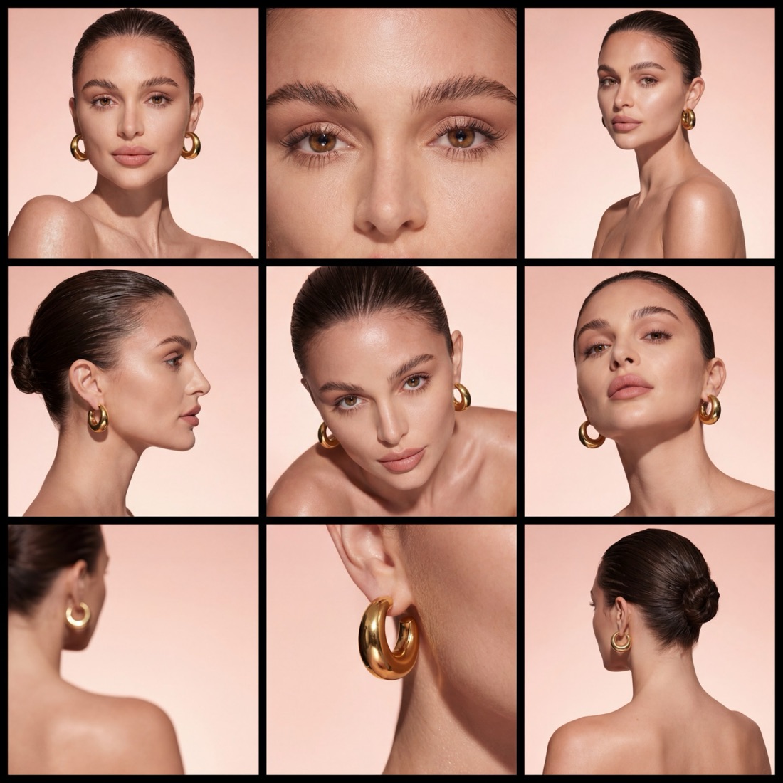 Modelo con aros dorados sobre fondo rosa